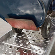 HD Ramps 14' x 26" Hook-End Aluminum Walk Ramp is in use with a hand truck