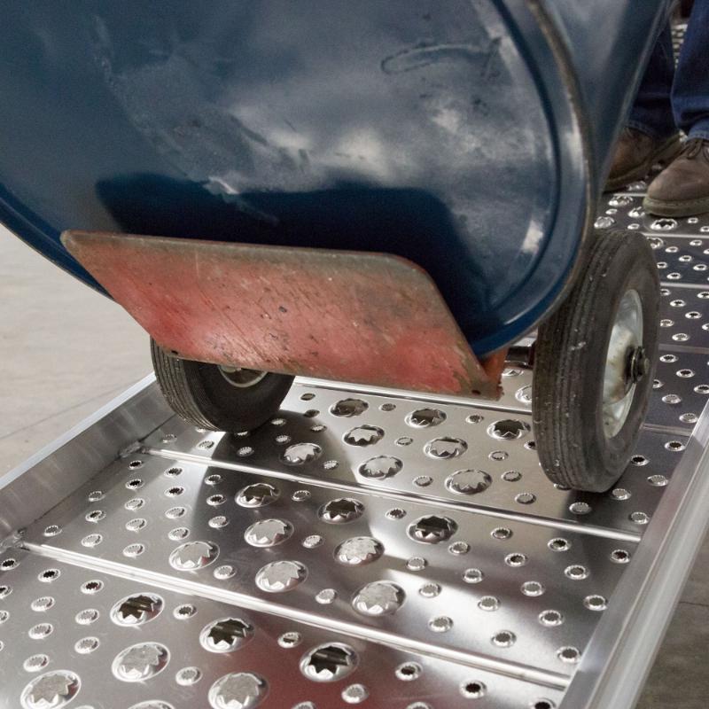 HD Ramps 16' x 26" Hook-End Aluminum Walk Ramp is in use by a hand truck