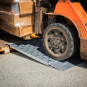 HD Ramps 48" x 36" Punch Plate Shipping Container Ramps 8,000 lb. Capacity is in use by a forklift