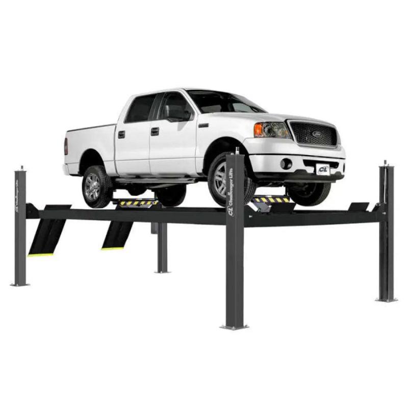 Challenger Lifts 4P14XFX Extended Four Post Auto Lift 14,000 lb Capacity with vehicle on it