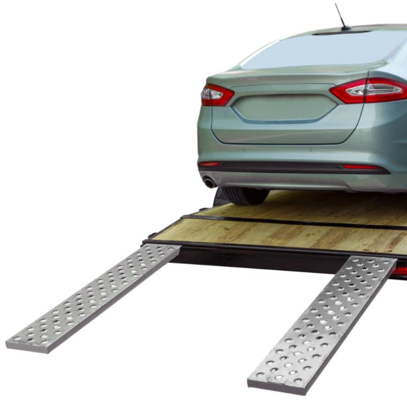 HD Ramps 6' x 12" EZ Traction Hook & Plate Hybrid End Aluminum Car Trailer Ramps 2500 lbs Capacity is attached to the trailer
