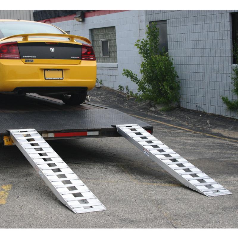 HD Ramps 7' 10" x 15" Aluminum Hook End Car Trailer Ramps 5,000 lbs per Axle is hooked to the trailer