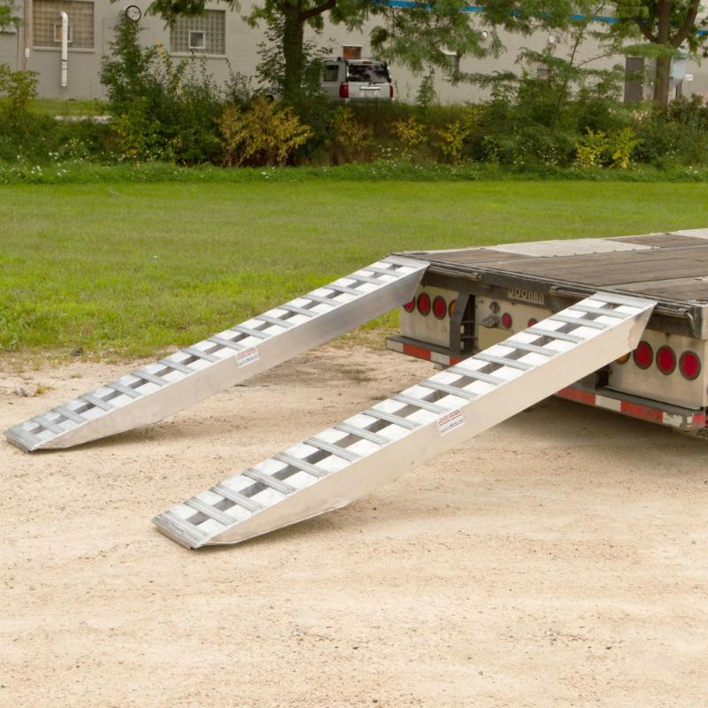 HD Ramps 8'x16" Aluminum Ramps Double Pin-On Ends with 20,000 lbs Capacity is attached to the trailer