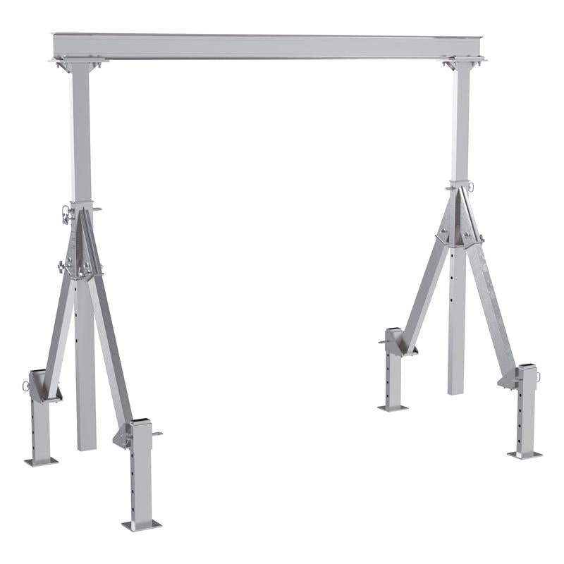 Vestil AHA-2-10-10-ALO aluminum gantry crane with adjustable height, Adjustable Leveling Option and sturdy I-beam for flexible lifting.