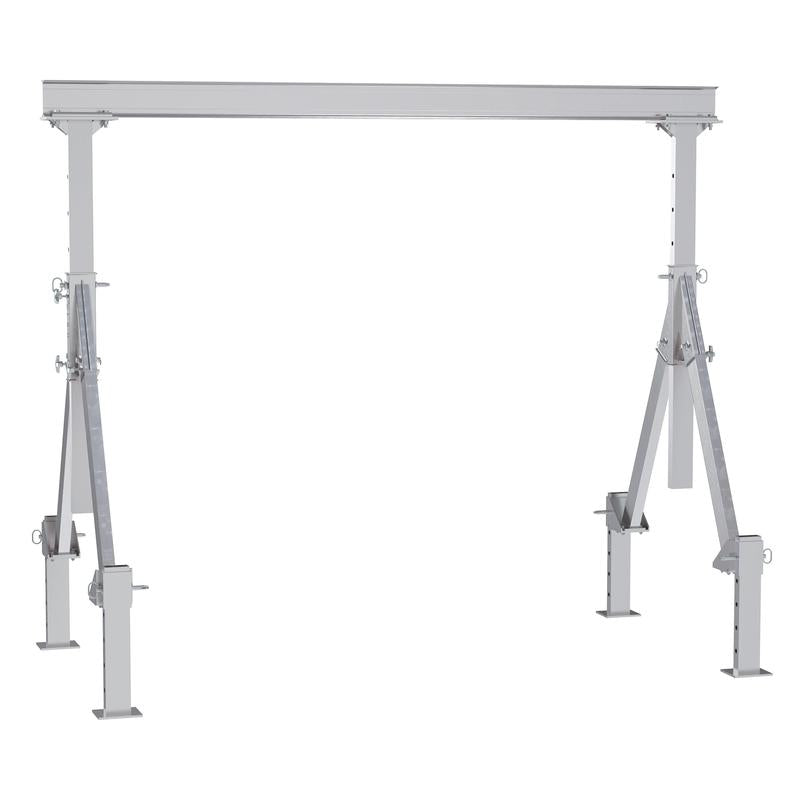 Vestil AHA-2-10-8-ALO aluminum gantry crane with adjustable height, Adjustable Leveling Option and sturdy I-beam for flexible lifting.