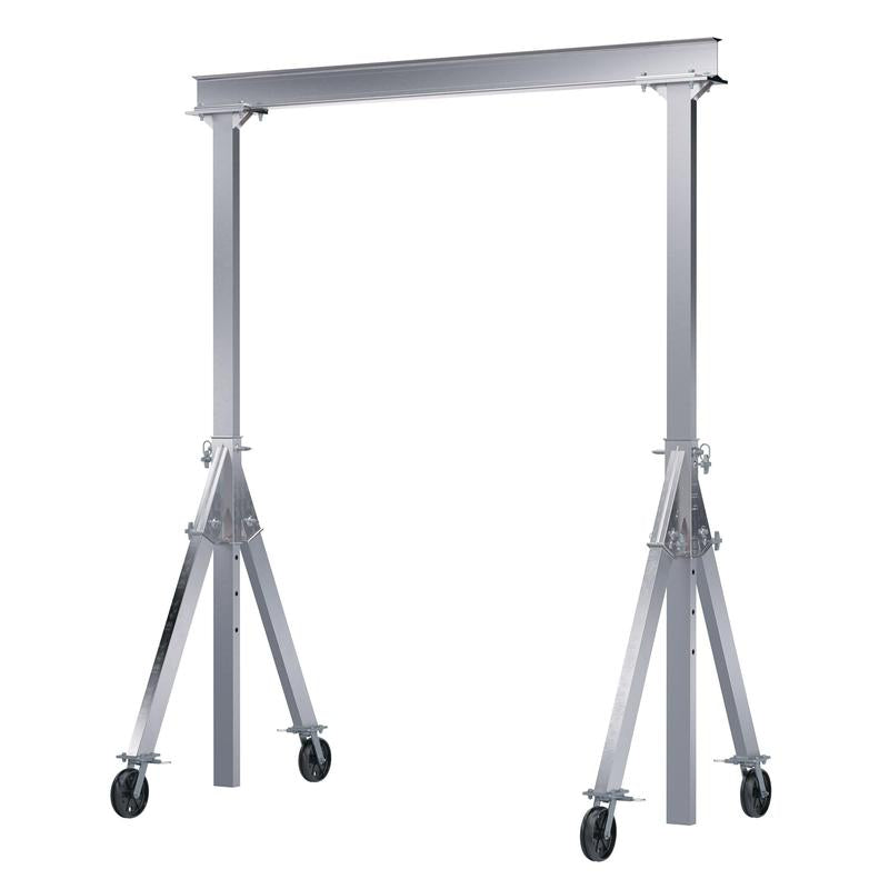 Vestil AHA-2-12-12-VG aluminum gantry crane with adjustable height, V-Groove Casters and sturdy I-beam for flexible lifting.