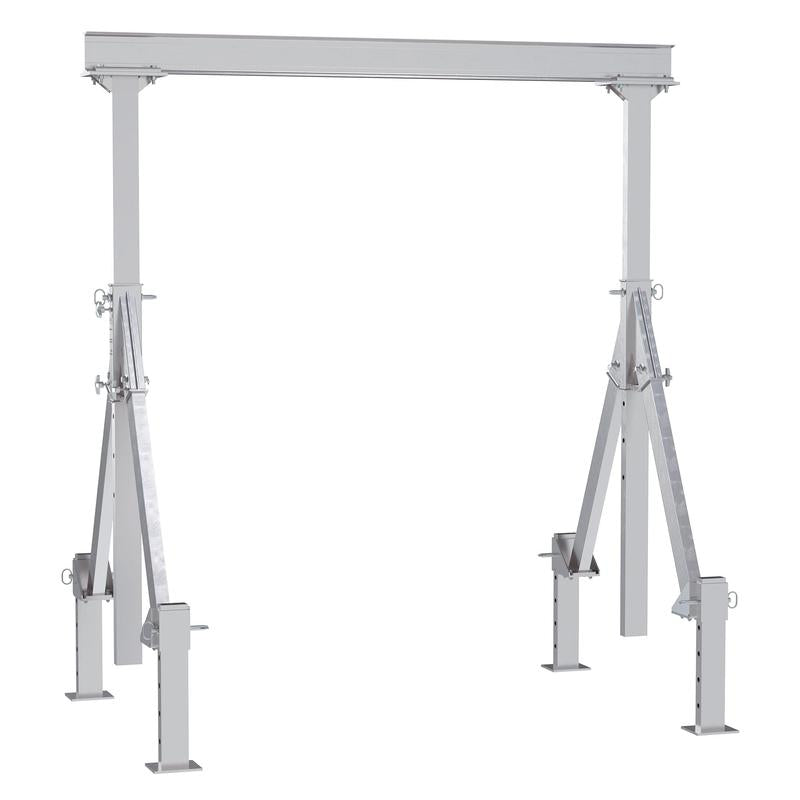 Vestil AHA-2-8-10-ALO aluminum gantry crane with adjustable height, Adjustable Leveling Option and sturdy I-beam for flexible lifting.