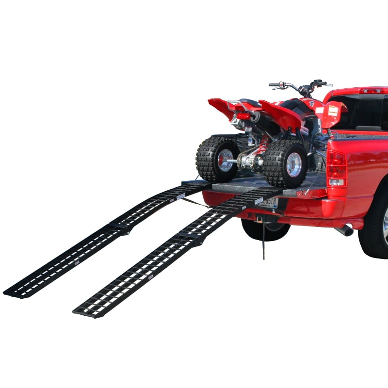 Black Widow Aluminum Dual Runner Folding ATV Ramps mounted on a pickup truck with ATV on it
