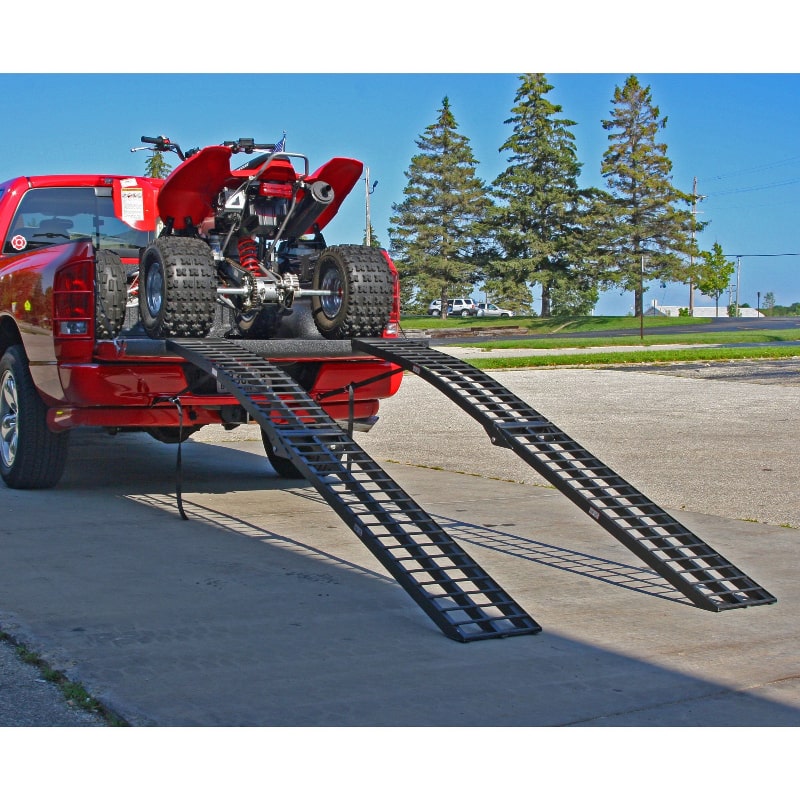 Black Widow Aluminum Dual Runner Folding ATV Ramps mounted on a pick up truck with red ATV on it
