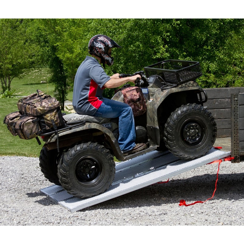 Black Widow Aluminum Extra-Wide Punch Plate Folding ATV Ramp in use with ATV
