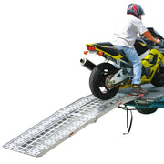 Black Widow Aluminum Folding Arched 3-Piece Motorcycle Ramp with motorcycle on it