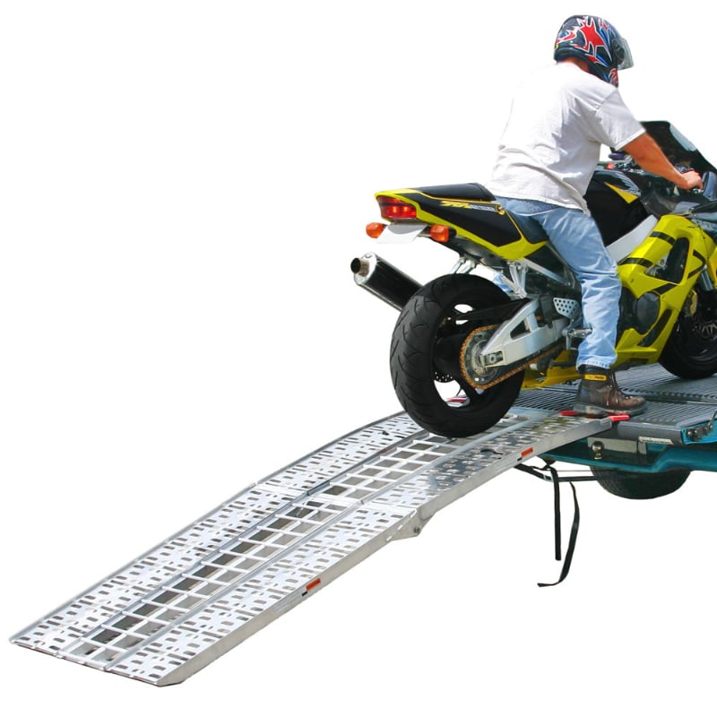 Black Widow Aluminum Folding Arched 3-Piece Motorcycle Ramp with motorcycle on it
