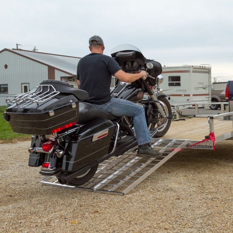 Black Widow Aluminum Folding Motorcycle Trailer Ramp in use