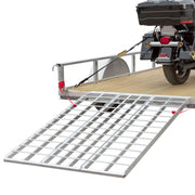 Black Widow Aluminum Folding Motorcycle Trailer Ramp mounted to a trailer with motorcycle placed on it