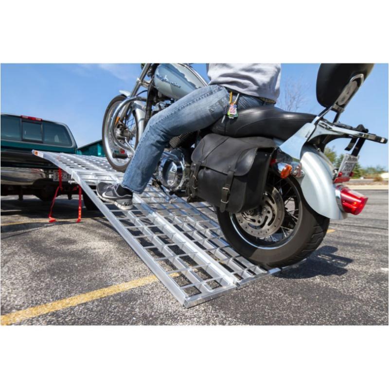 Black Widow Aluminum HD Folding Arched 3-Piece Motorcycle Ramp used to place motorcycle on pick up truck
