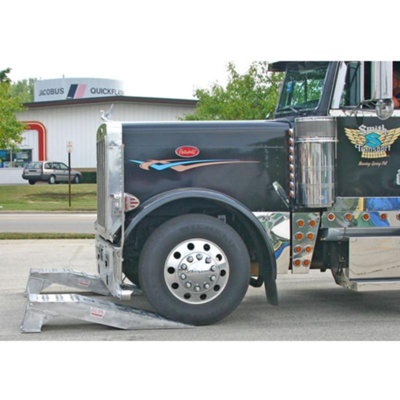 HD Ramps Aluminum Semi Truck Wheel Riser Service Ramps in use with truck view from the side

