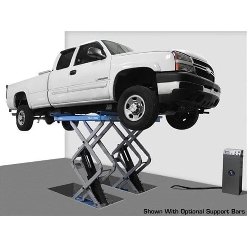 Atlas FM9SL flush-mount scissor lift with vehicle raised