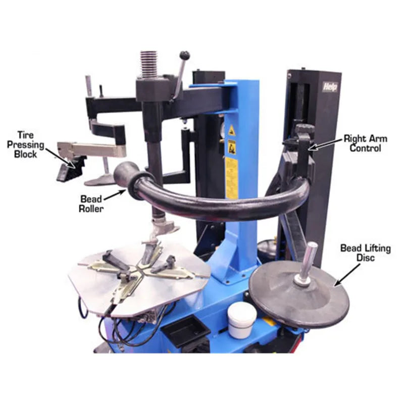 Atlas TC229DAA tire changer, M/D head and arms in position