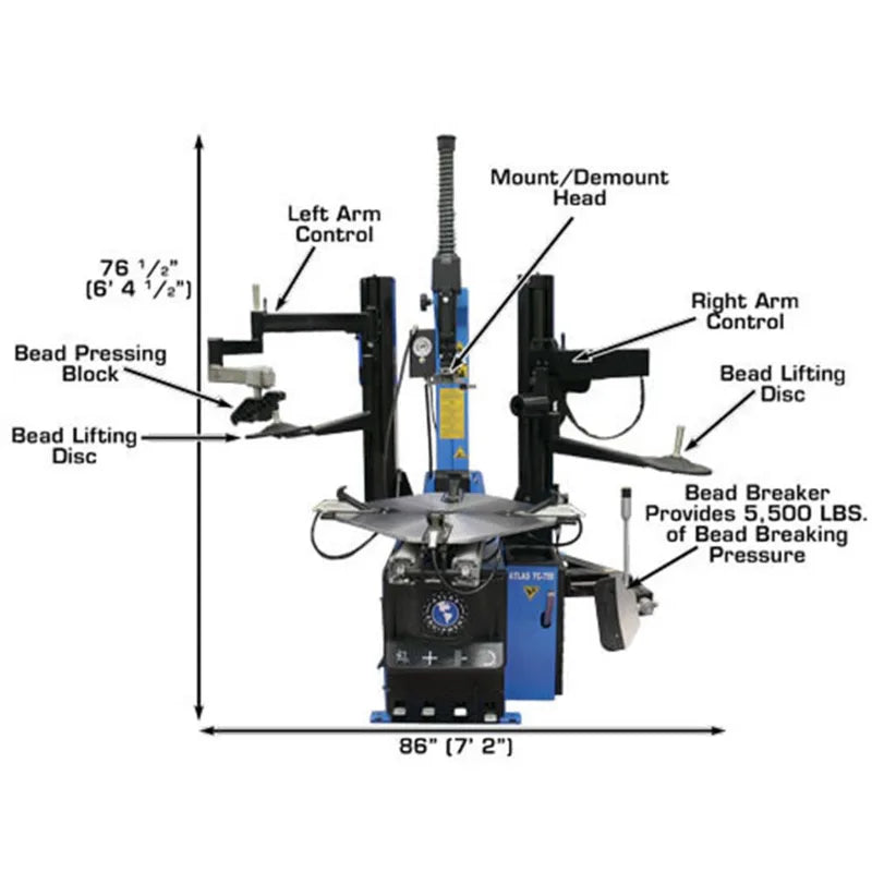 Atlas TC755DAA tire changer, column tilted back