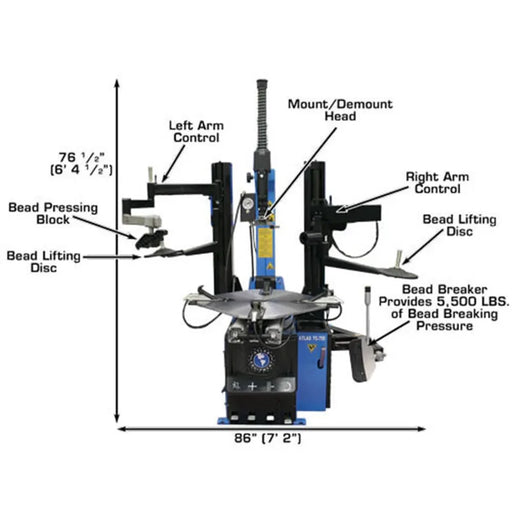 Atlas TC755DAA tire changer, column tilted back