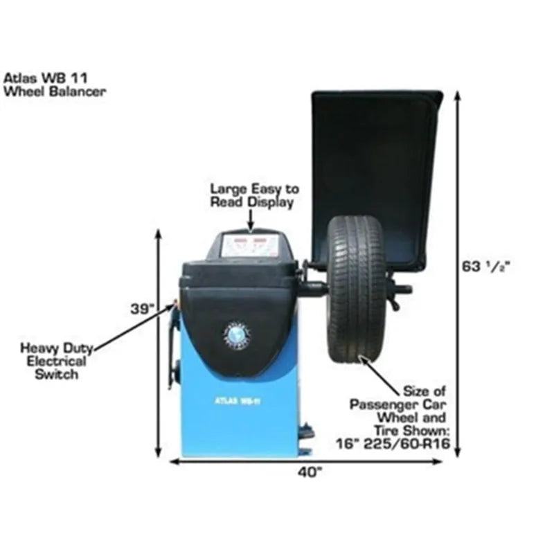 Atlas WB11 wheel balancer, hood open with wheel mounted