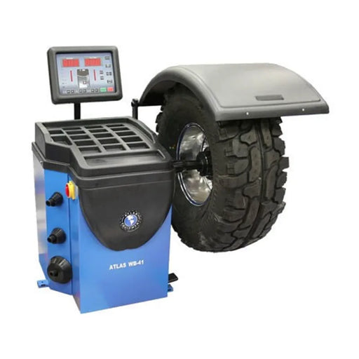 Atlas WB41 computerized wheel balancer, front view with raised display