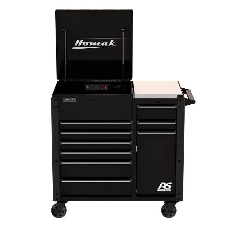 Homak 06044090 44 inch RS Pro 9 drawer power service cart with workstation Midnight Black