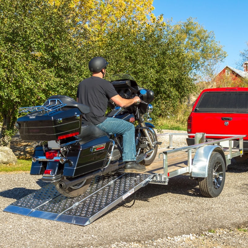 Black Widow Big Boy EZ Rizer Aluminum Folding Motorcycle Trailer Ramp in use