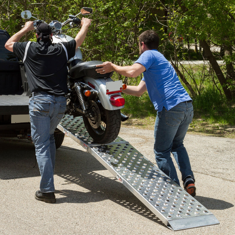 Black Widow Big Boy EZ Rizer Aluminum Folding Single Runner Motorcycle Ramp in use
