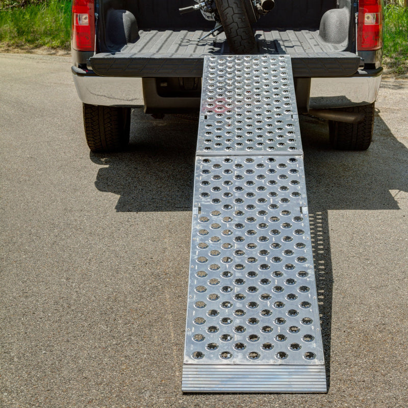 Black Widow Big Boy EZ Rizer Aluminum Folding Single Runner Motorcycle Ramp mounted on a pickup truck
