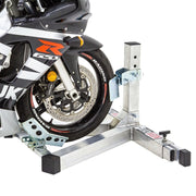 Black Widow Adjustable Width Motorcycle Wheel Chock motorcycle wheel placed on the wheel chock