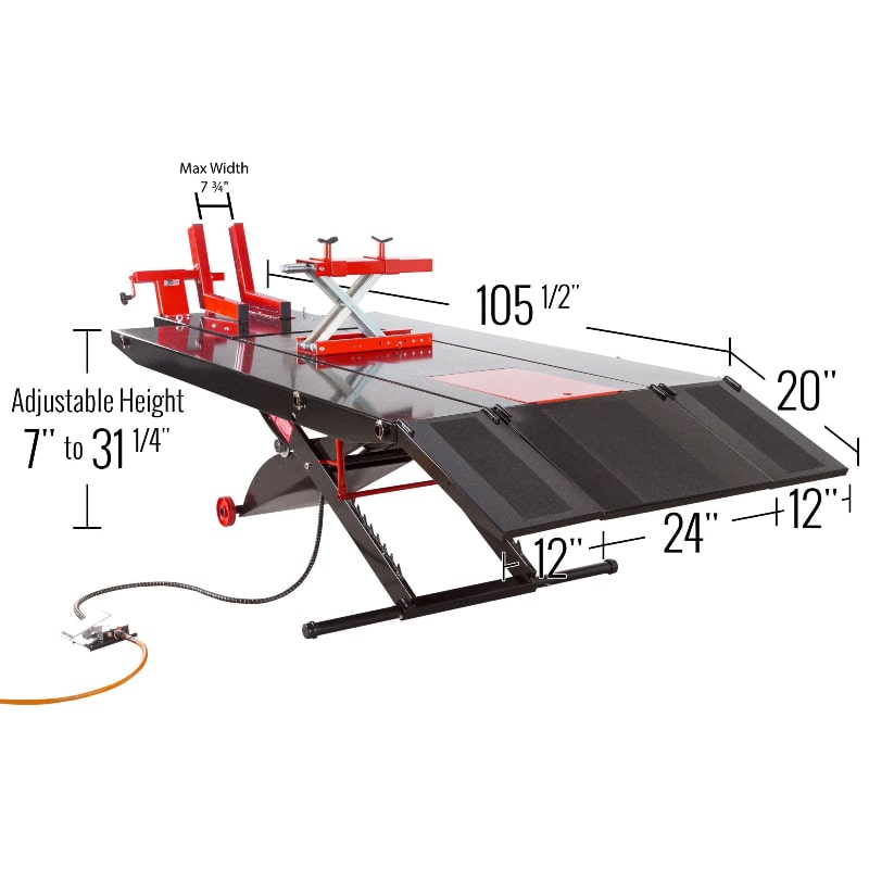 Black Widow ProLift Extra-Wide Pneumatic Motorcycle Lift Table dimensions and measurements
