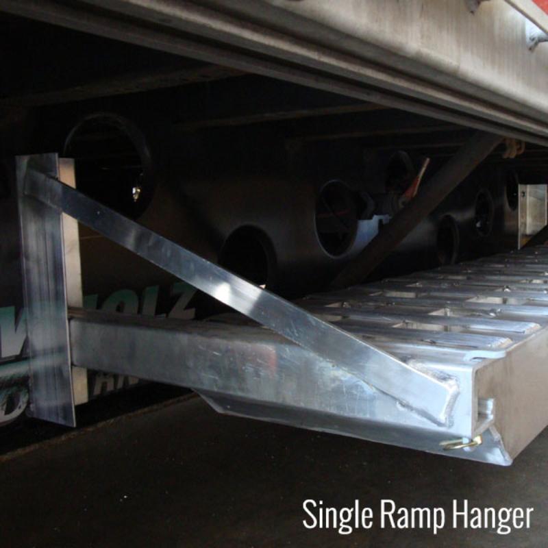 HD Ramps Bolt-On Semi-Trailer Loading Ramp Storage Brackets for One Ramp close up picture of the ramp hanger attached to the trailer