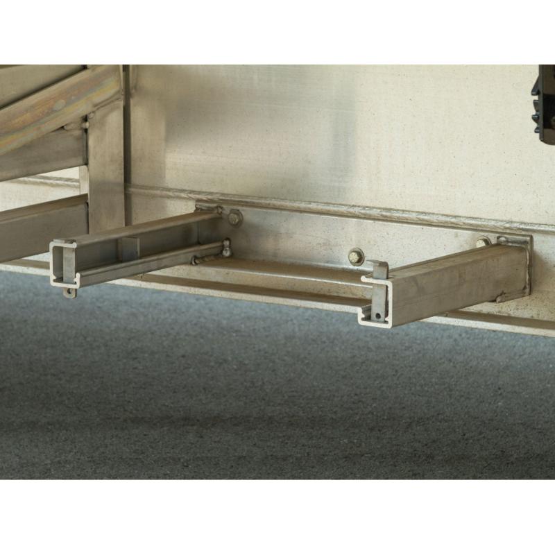 HD Ramps Bolt-On Semi-Trailer Ramp Stand Storage Brackets attached to trailer underbody
