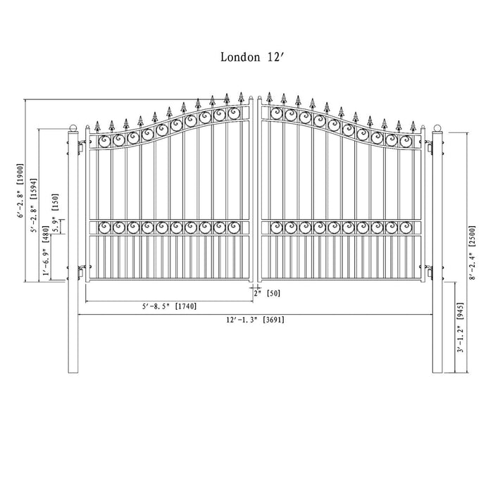 Aleko Steel Dual Swing Driveway Gate - LONDON Style - 12 x 6 Feet