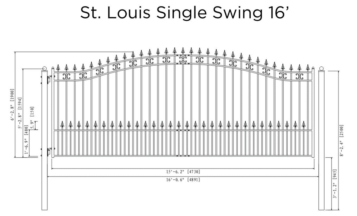 Aleko Steel Single Swing Driveway Gate - ST.LOUIS Style - 16 x 6 Feet