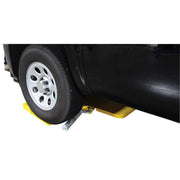 car wheels placed on the Vestil Electric Car Mover 104.75"x76.75"x54.5" Steel with 7500 lb Capacity