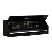 Homak 02072010 72" RS Pro Hutch with Power Strip and Stainless Steel Top - Midnight Black angle view, lid open