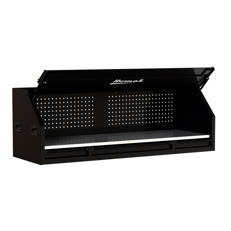 Homak 02072010 72" RS Pro Hutch with Power Strip and Stainless Steel Top - Midnight Black angle view, lid open