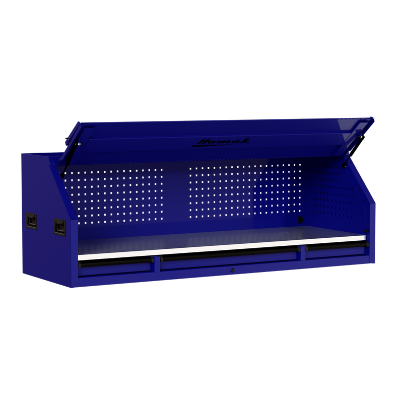 Homak 02072010 72" RS Pro Hutch with Power Strip and Stainless Steel Top - Rally Sport Blue angle view, lid open