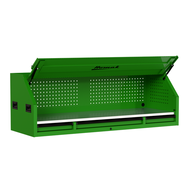 Homak 02072010 72" RS Pro Hutch with Power Strip and Stainless Steel Top - Monster Green angle view, lid open