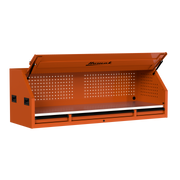 Homak 02072010 72" RS Pro Hutch with Power Strip and Stainless Steel Top - Competition Orange angle view, lid open