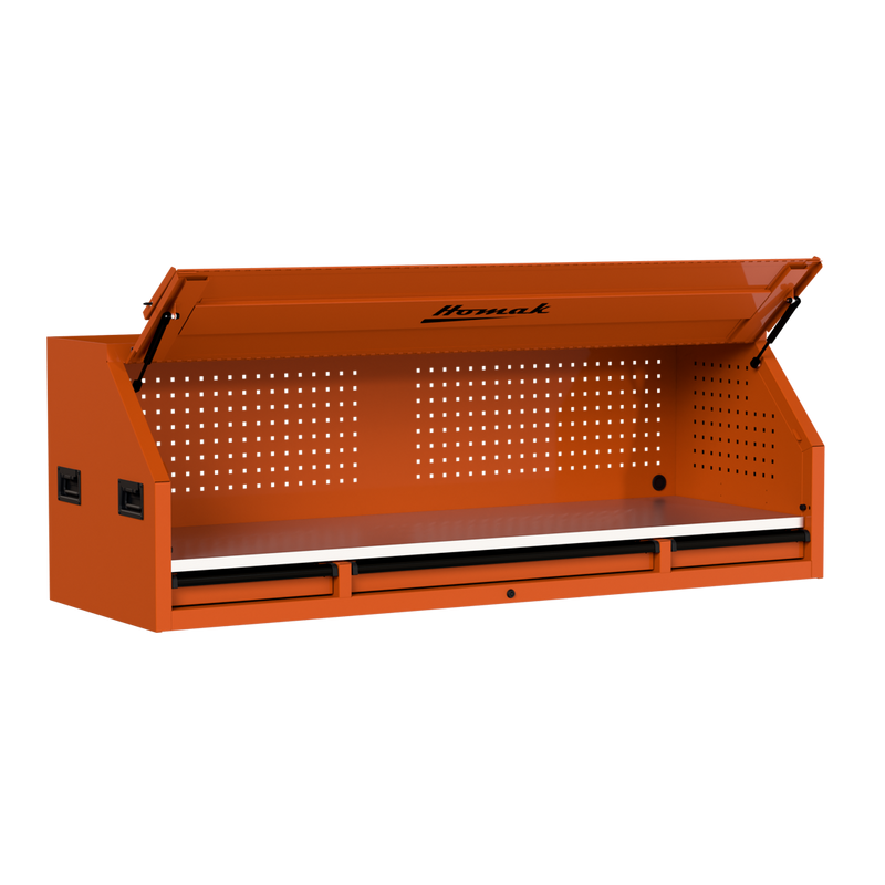Homak 02072010 72" RS Pro Hutch with Power Strip and Stainless Steel Top - Competition Orange angle view, lid open