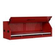 Homak 02072010 72" RS Pro Hutch with Power Strip and Stainless Steel Top - Fury Red angle view, lid open