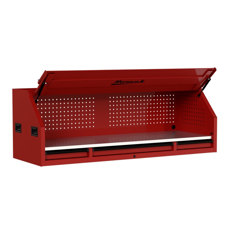 Homak 02072010 72" RS Pro Hutch with Power Strip and Stainless Steel Top - Fury Red angle view, lid open