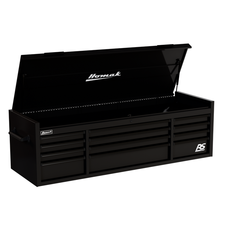 Homak 02072120 72" RS Pro 12-Drawer Top Chest with Power Strip, 24" Deep - Midnight Black angle view, till open