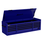 Homak 02072120 72" RS Pro 12-Drawer Top Chest with Power Strip, 24" Deep - Rally Sport Blue angle view, till open