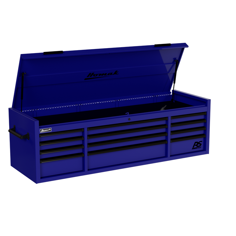 Homak 02072120 72" RS Pro 12-Drawer Top Chest with Power Strip, 24" Deep - Rally Sport Blue angle view, till open