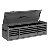 Homak 02072120 72" RS Pro 12-Drawer Top Chest with Power Strip, 24" Deep - Battleship Gray angle view, till open