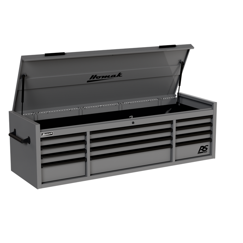 Homak 02072120 72" RS Pro 12-Drawer Top Chest with Power Strip, 24" Deep - Battleship Gray angle view, till open